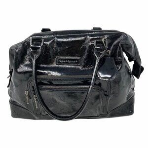 Longchamp Legende Bag Purse Black Patent Leather Pockets Dual Handle Zip Large
